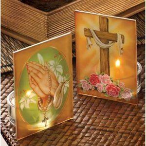 Pretty Tealight Set - Cross & Praying Hands Tealight Candle SET of 2